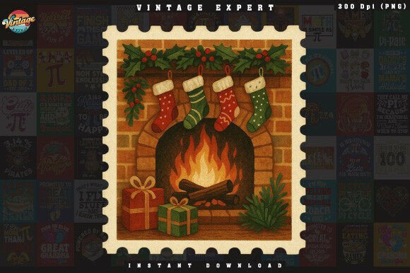 Download Retro Christmas Stamp Cozy Fireplace PNG - Premium Resources
